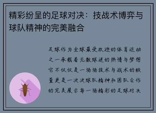 精彩纷呈的足球对决：技战术博弈与球队精神的完美融合